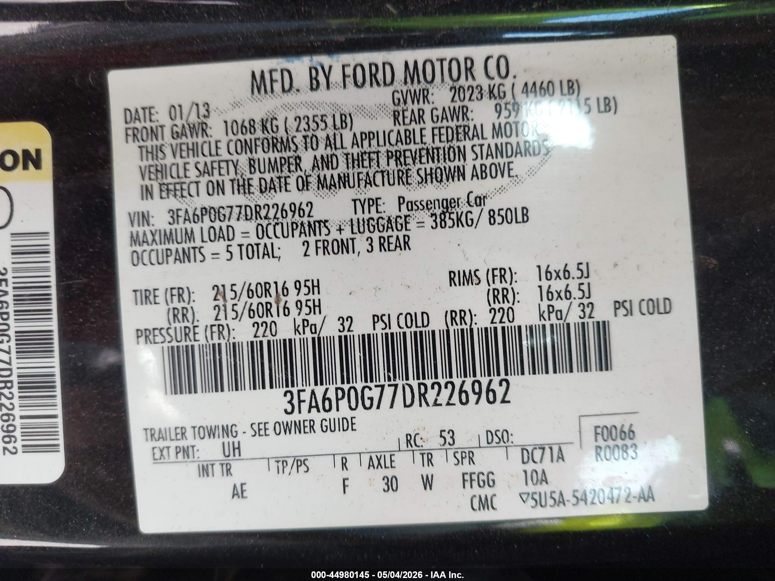 2013 Ford Fusion S Black vin: 3FA6P0G77DR226962