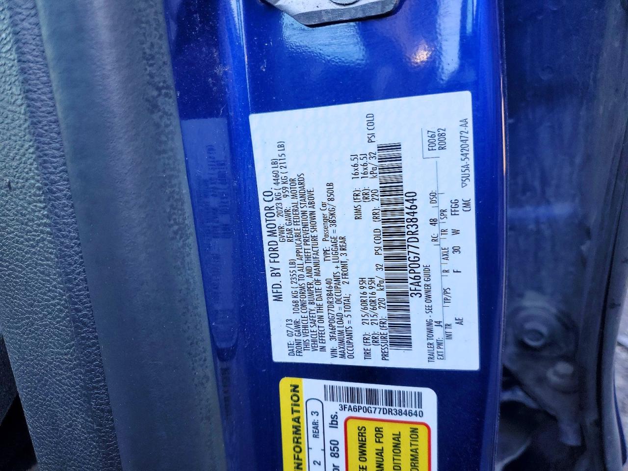 2013 Ford Fusion S Blue vin: 3FA6P0G77DR384640