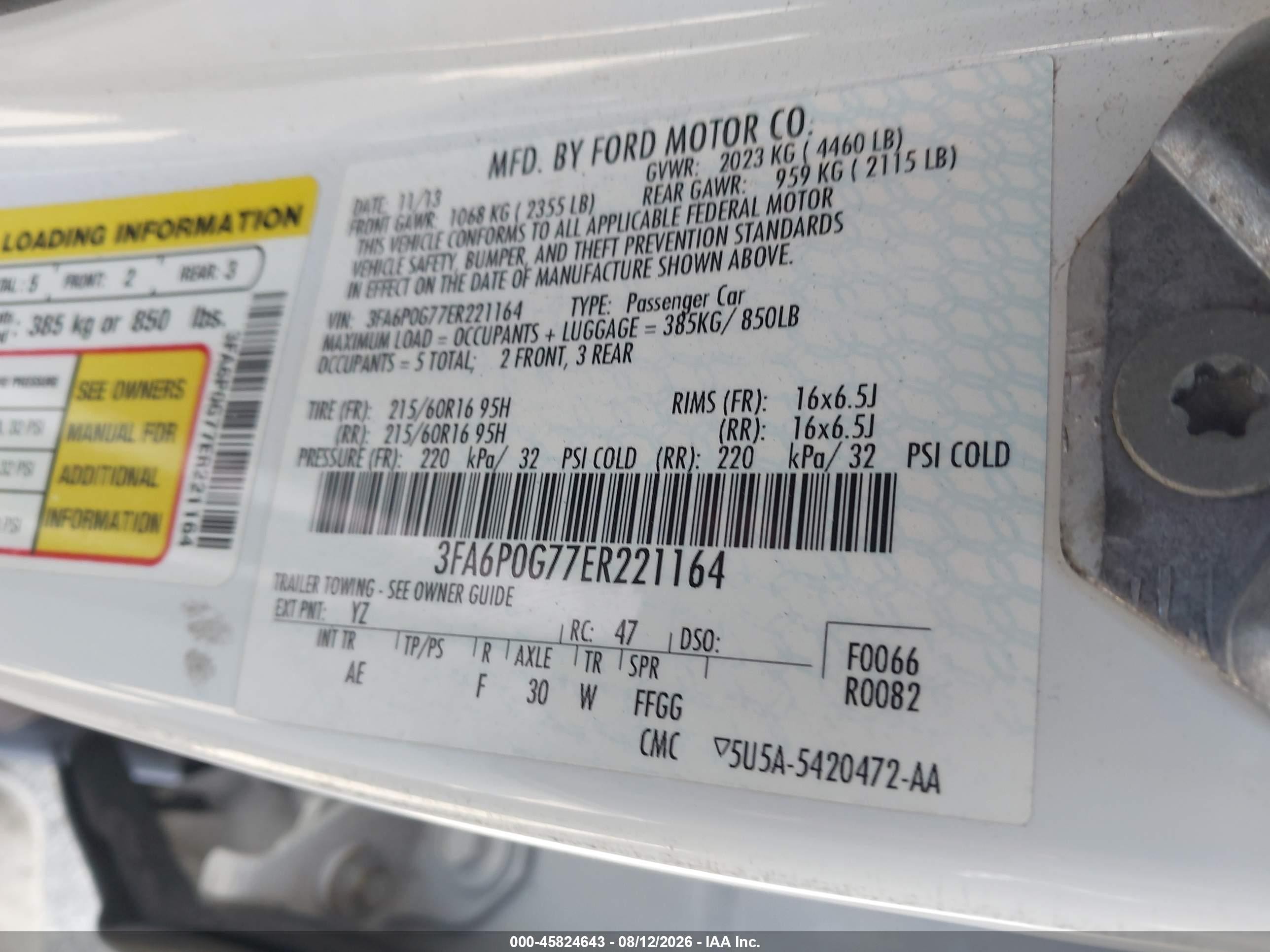 2014 Ford Fusion S White vin: 3FA6P0G77ER221164