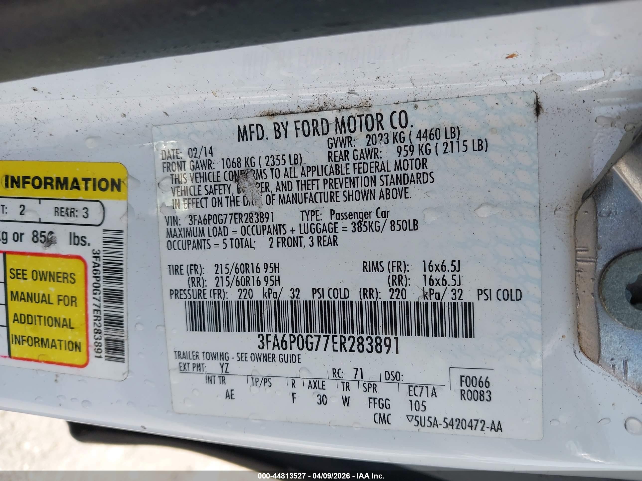 2014 Ford Fusion S White vin: 3FA6P0G77ER283891