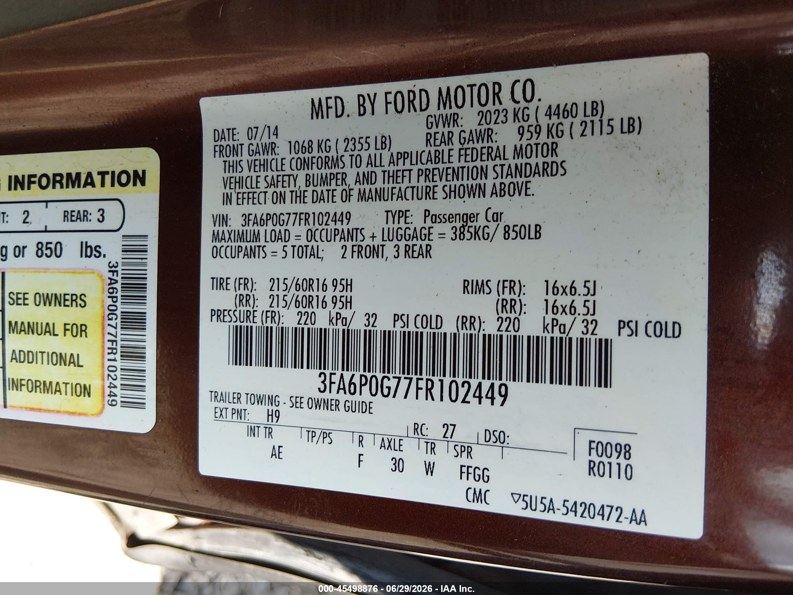 2015 Ford Fusion S Burgundy vin: 3FA6P0G77FR102449