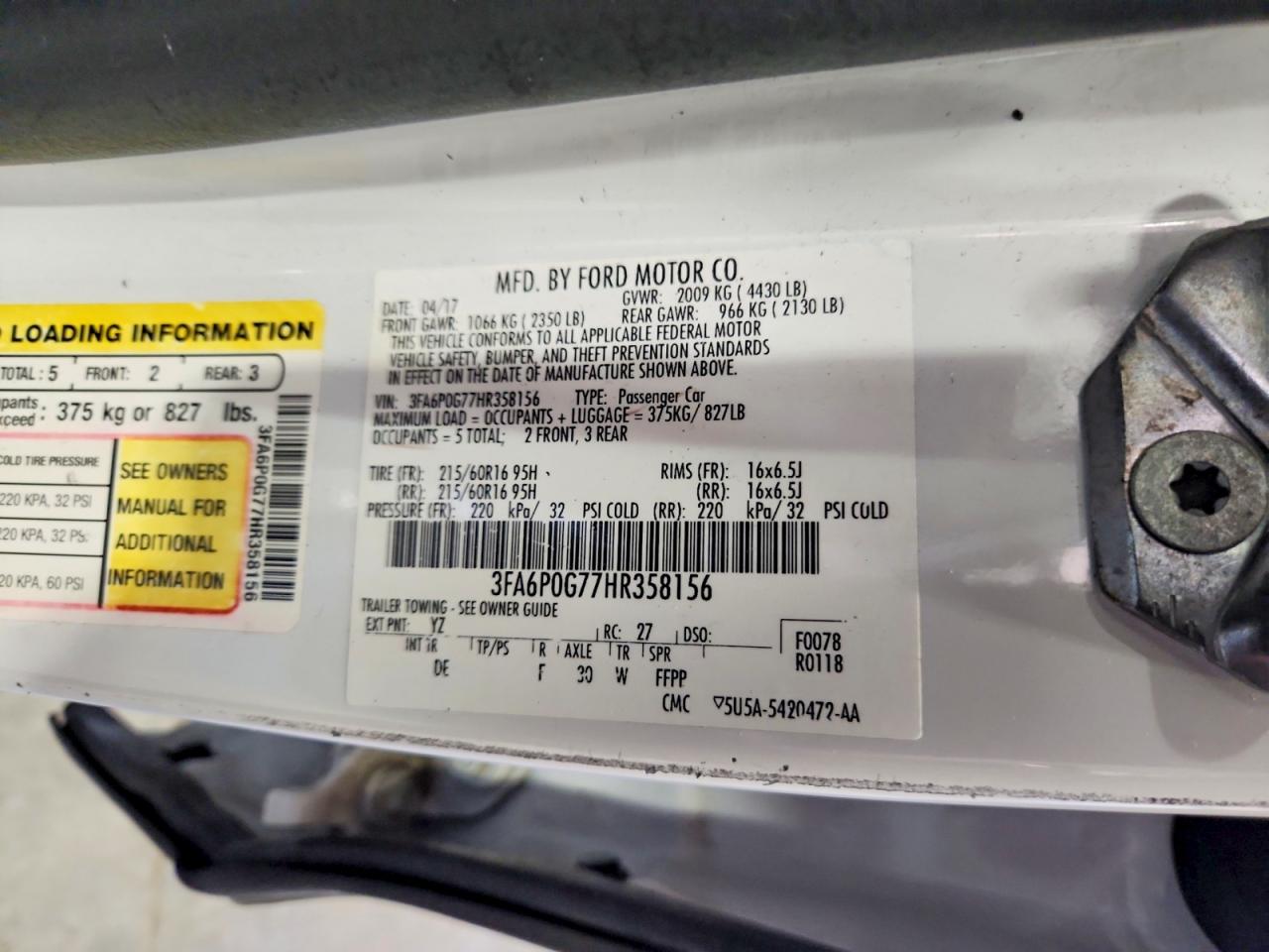 2017 Ford Fusion S White vin: 3FA6P0G77HR358156