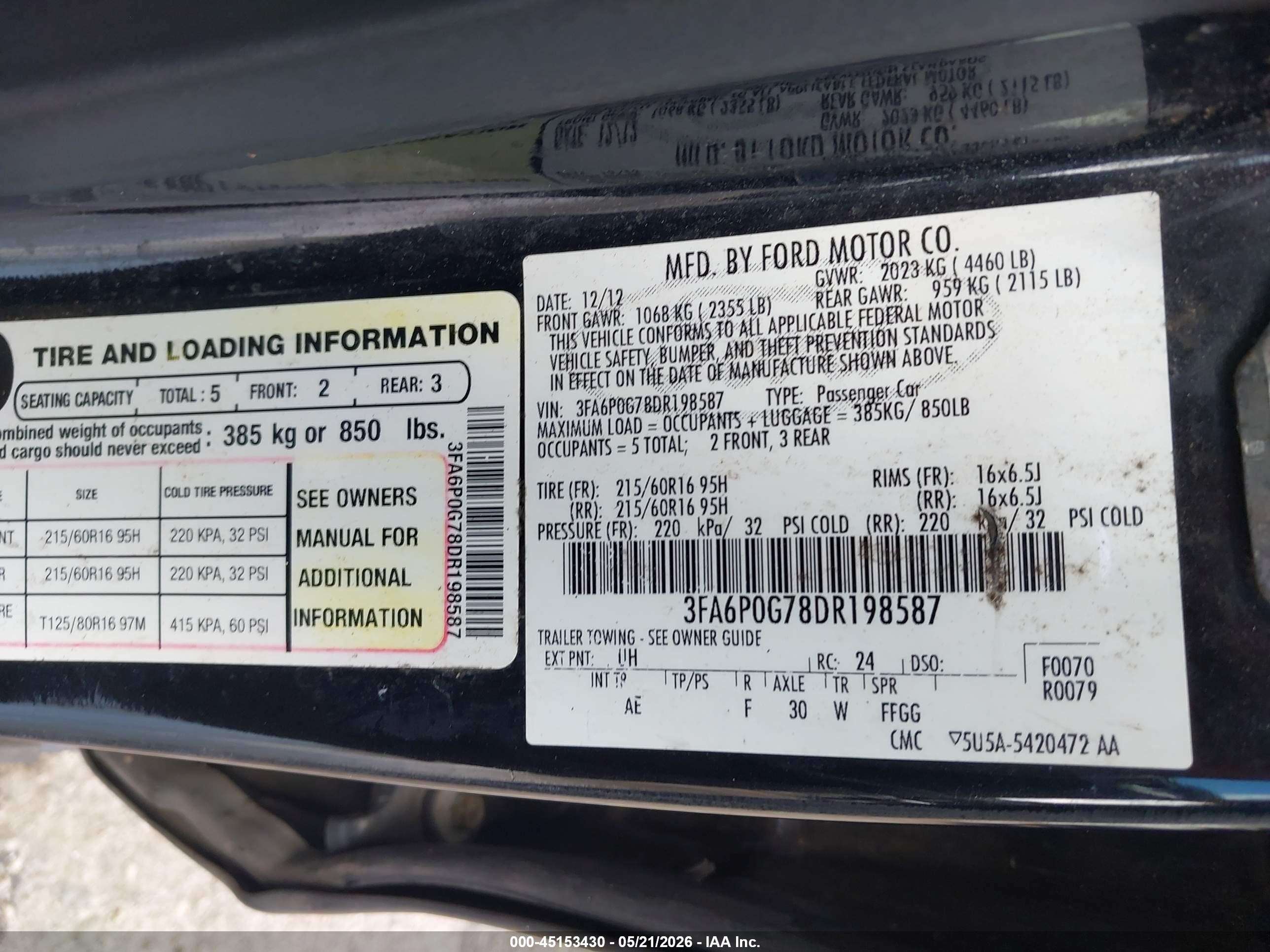 2013 Ford Fusion S Black vin: 3FA6P0G78DR198587