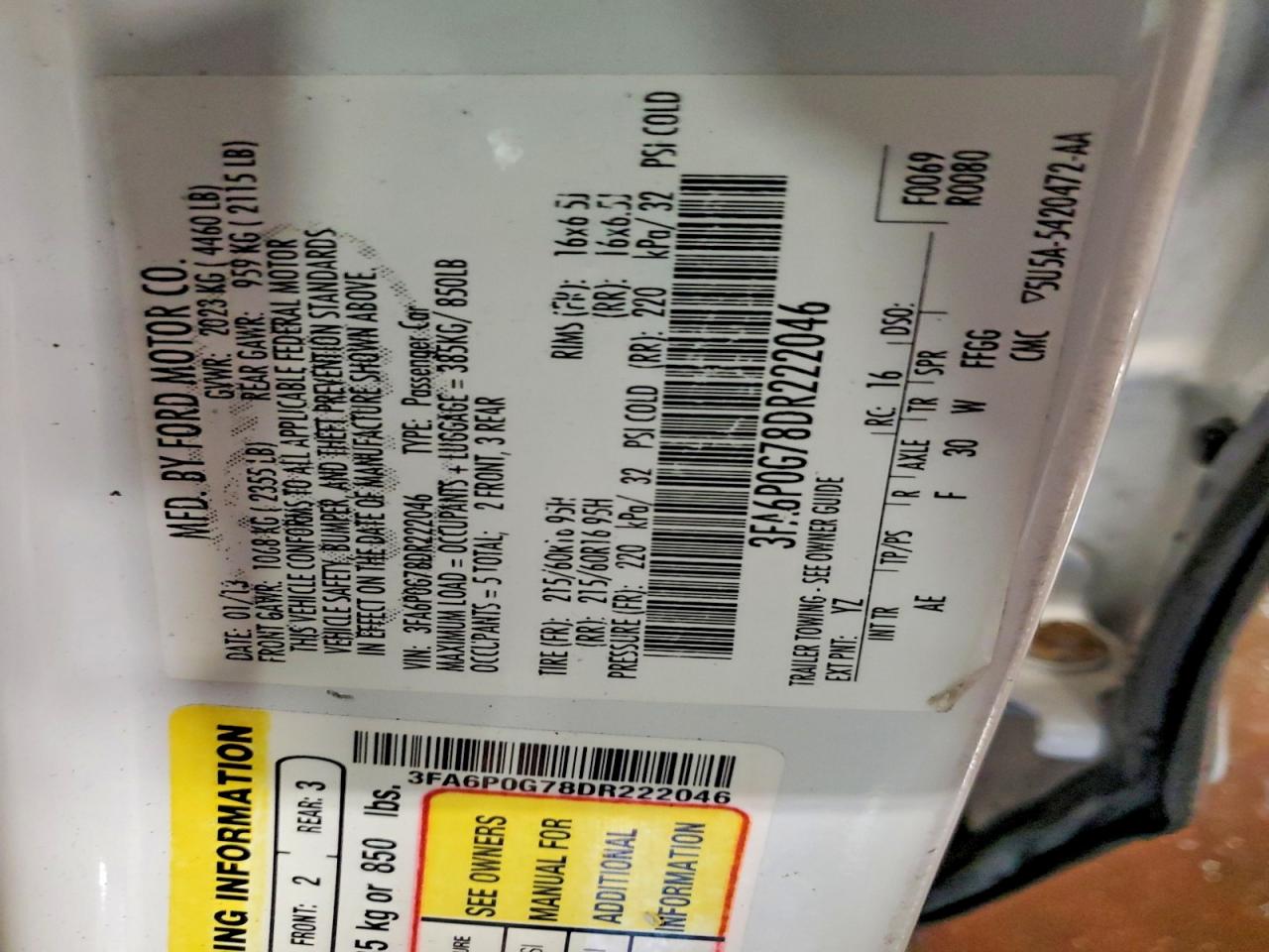 2013 Ford Fusion S White vin: 3FA6P0G78DR222046