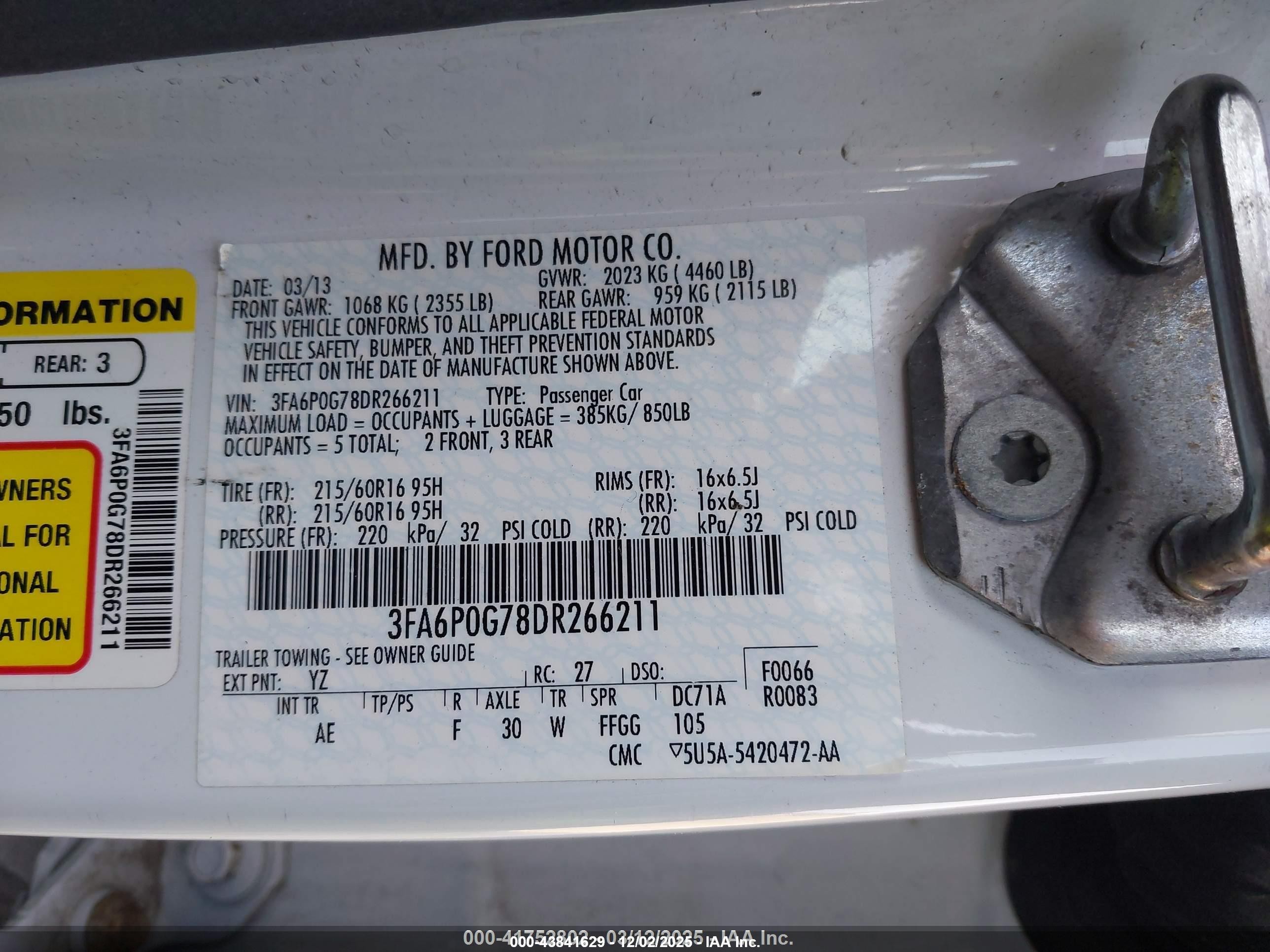 2013 Ford Fusion S White vin: 3FA6P0G78DR266211