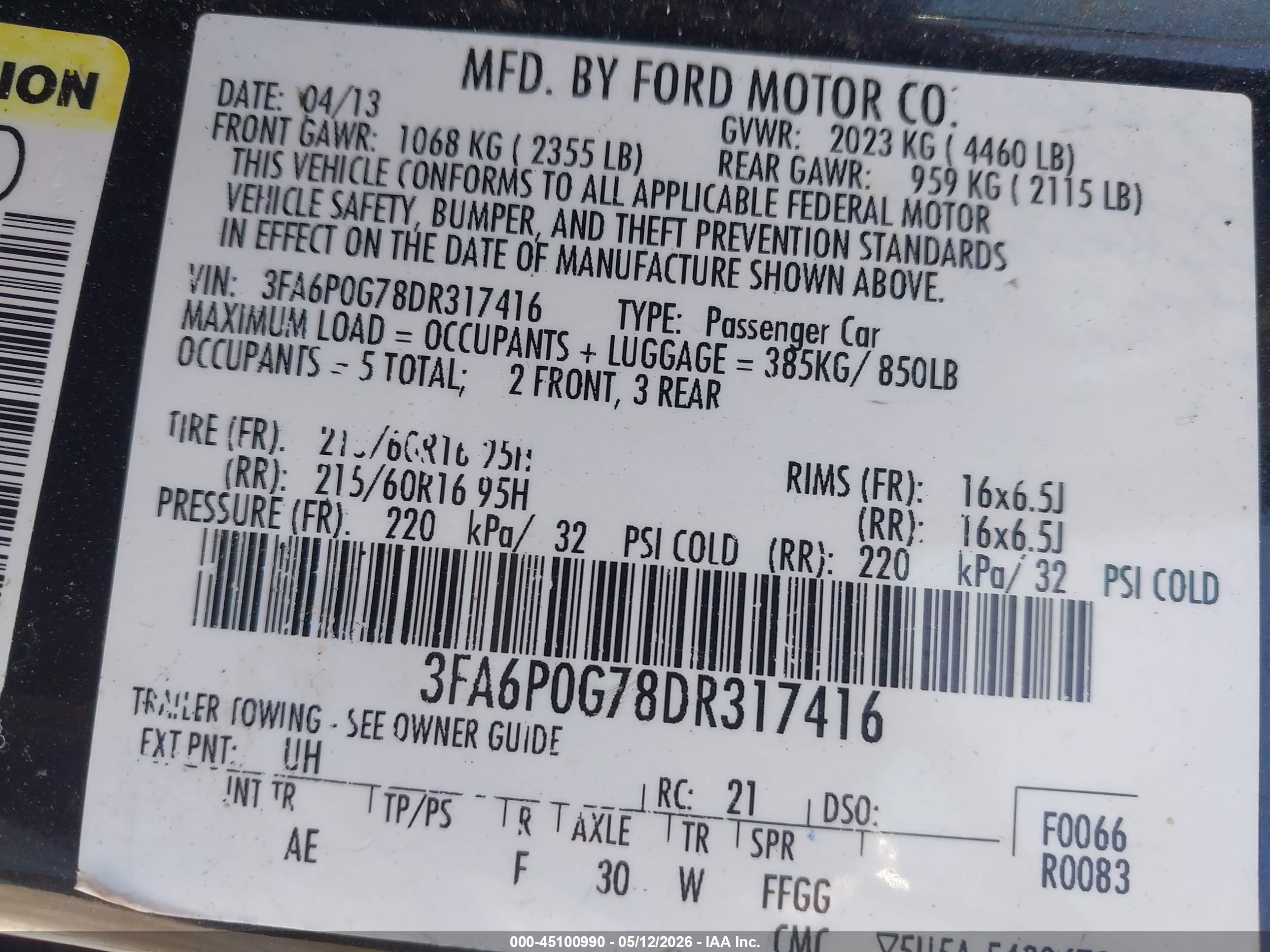 2013 Ford Fusion S Black vin: 3FA6P0G78DR317416