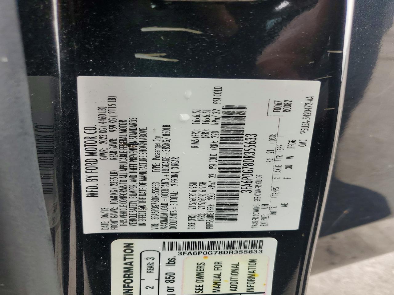 2013 Ford Fusion S Black vin: 3FA6P0G78DR355633