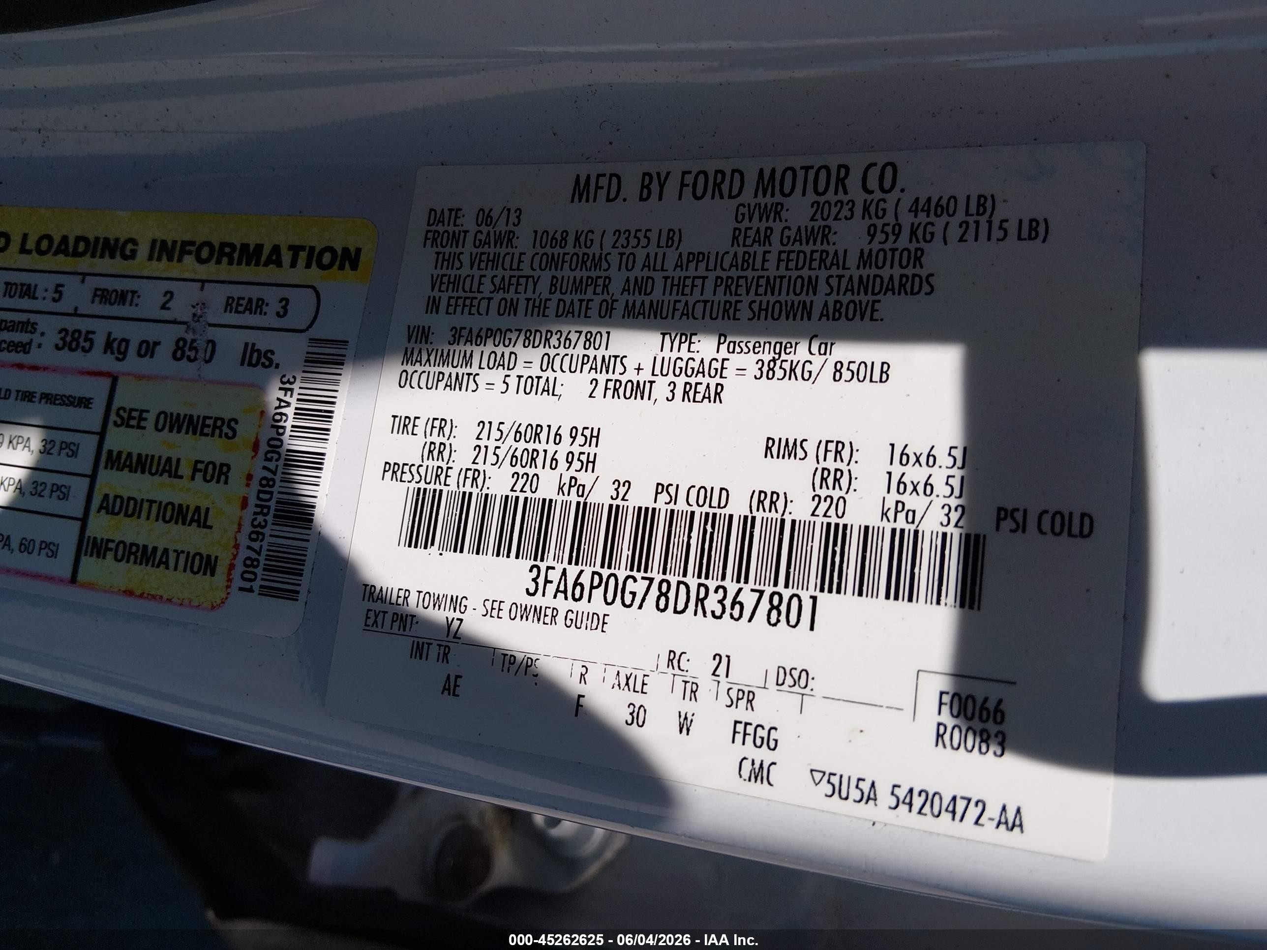 2013 Ford Fusion S White vin: 3FA6P0G78DR367801