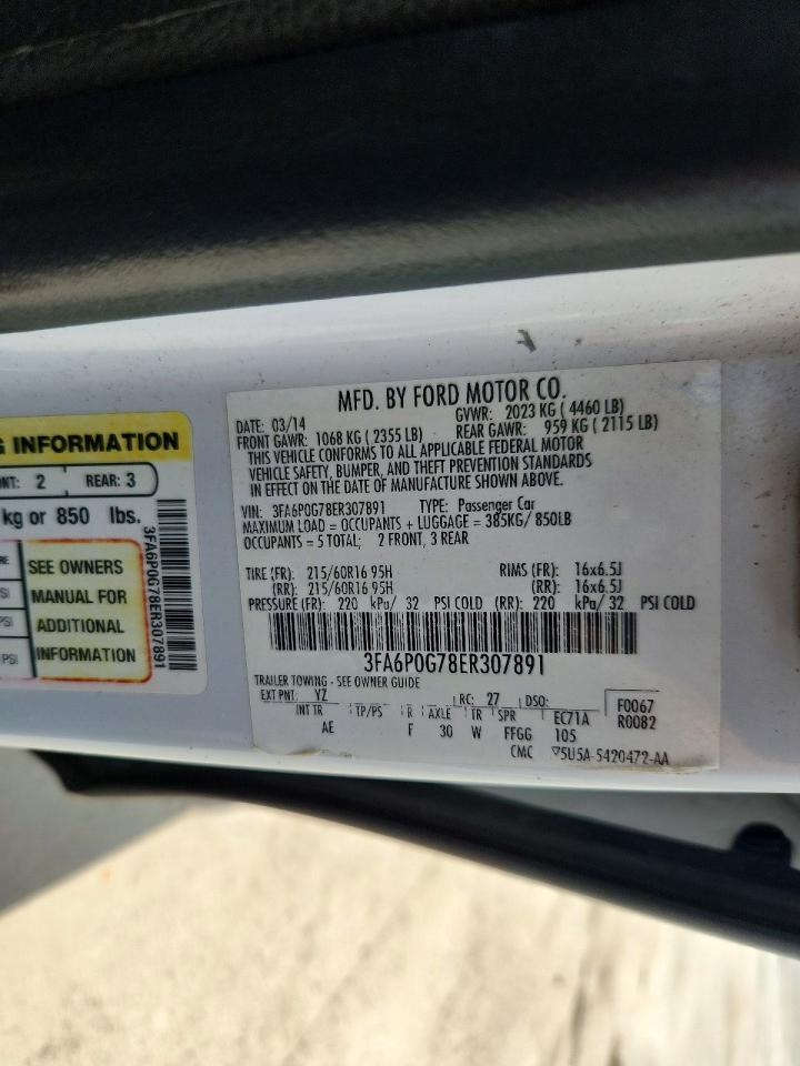2014 Ford Fusion S White vin: 3FA6P0G78ER307891