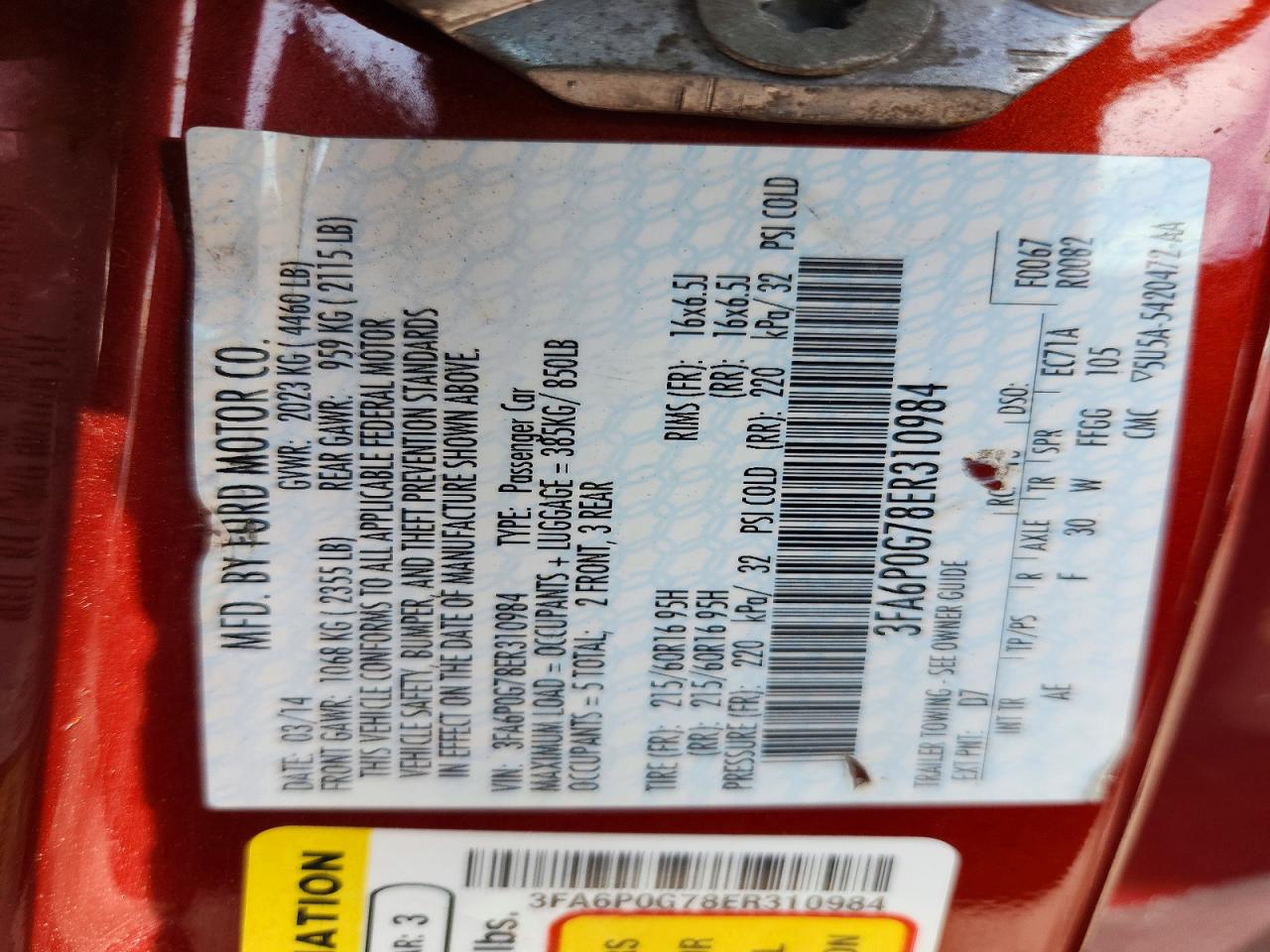 2014 Ford Fusion S Burgundy vin: 3FA6P0G78ER310984