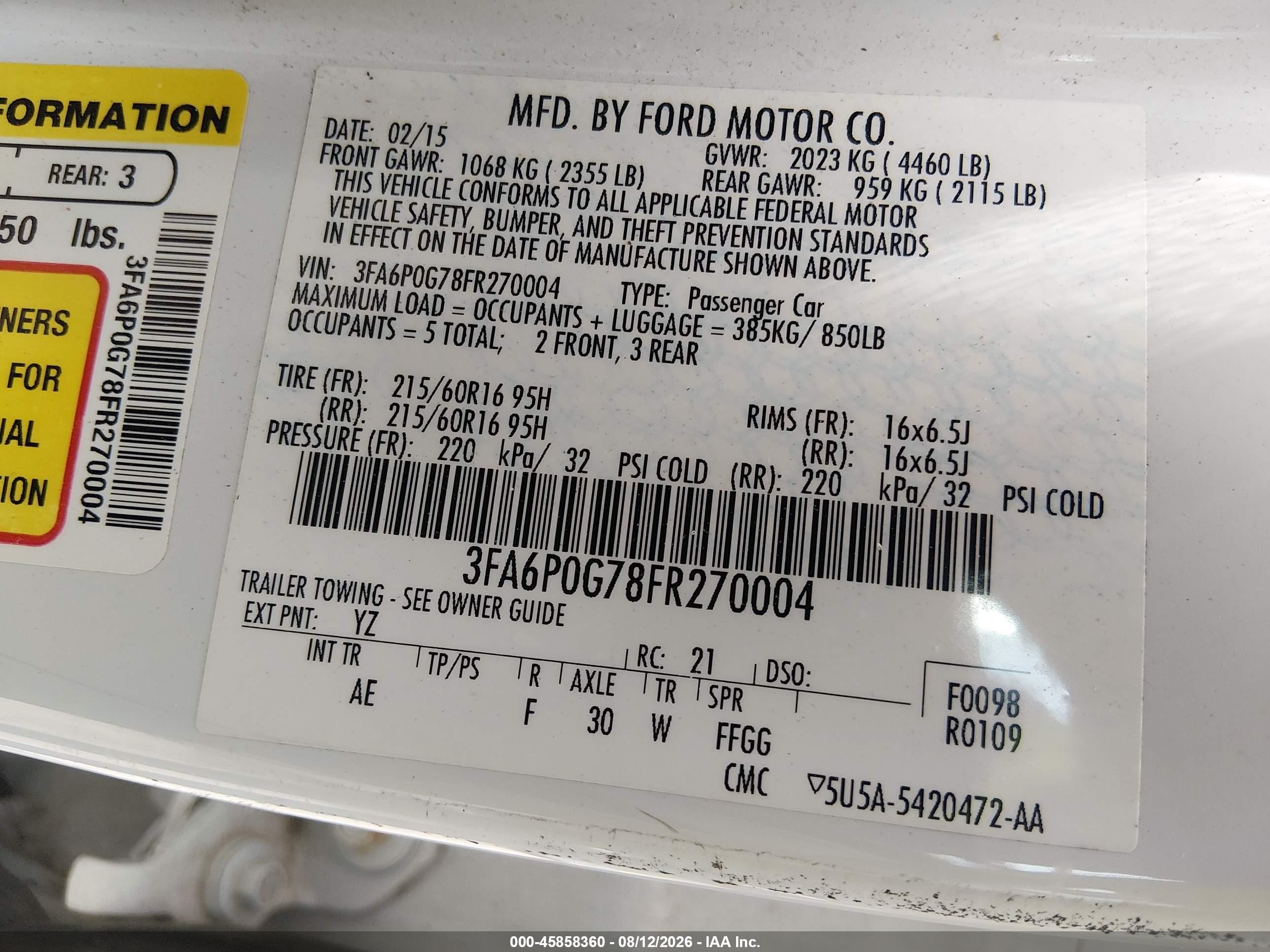 2015 Ford Fusion S White vin: 3FA6P0G78FR270004