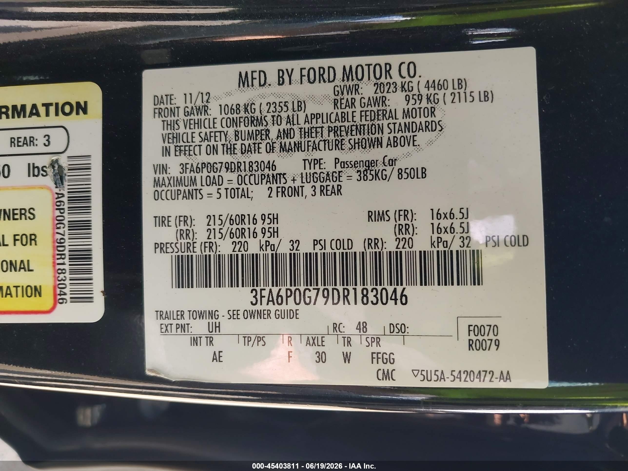 2013 Ford Fusion S Black vin: 3FA6P0G79DR183046