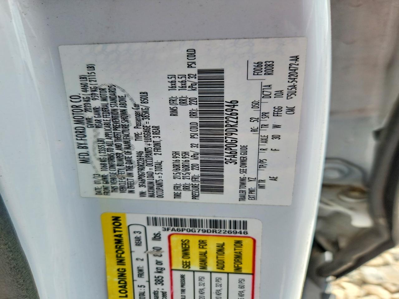 2013 Ford Fusion S White vin: 3FA6P0G79DR226946