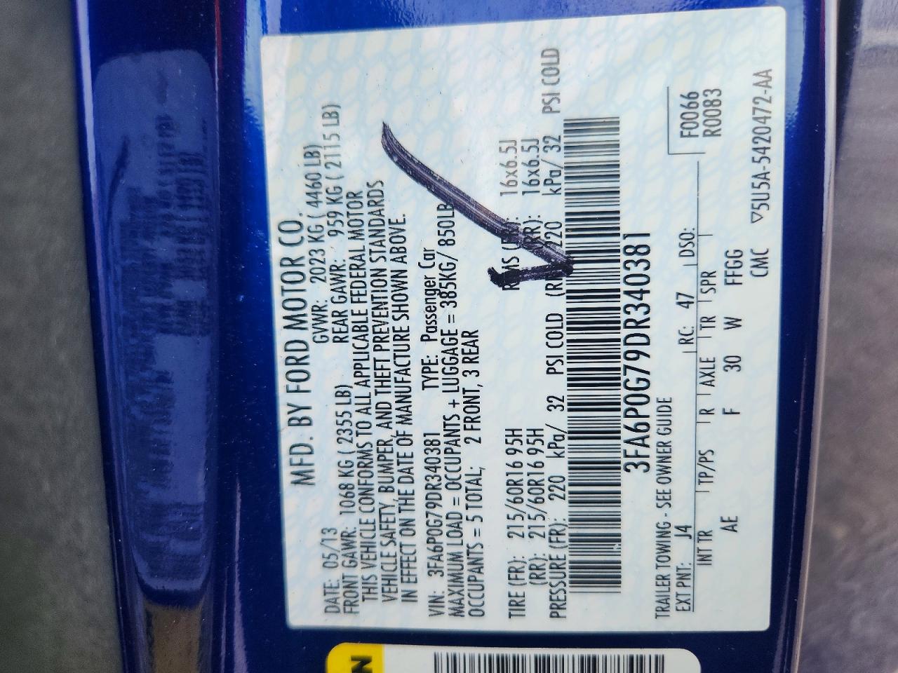 2013 Ford Fusion S Blue vin: 3FA6P0G79DR340381