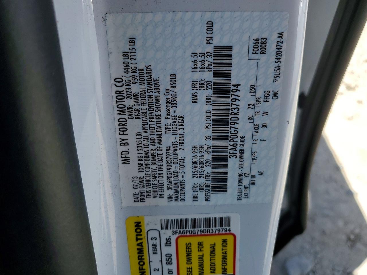 2013 Ford Fusion S White vin: 3FA6P0G79DR379794