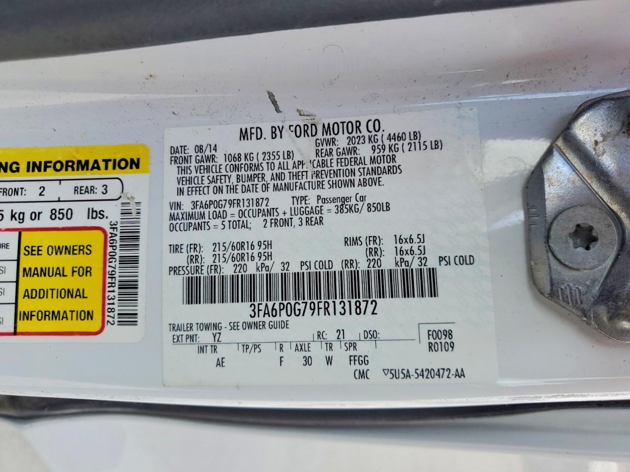2015 Ford Fusion S White vin: 3FA6P0G79FR131872
