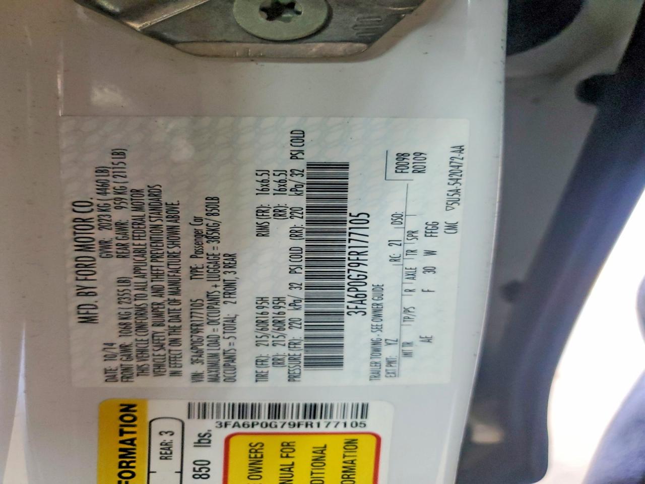 2015 Ford Fusion S White vin: 3FA6P0G79FR177105