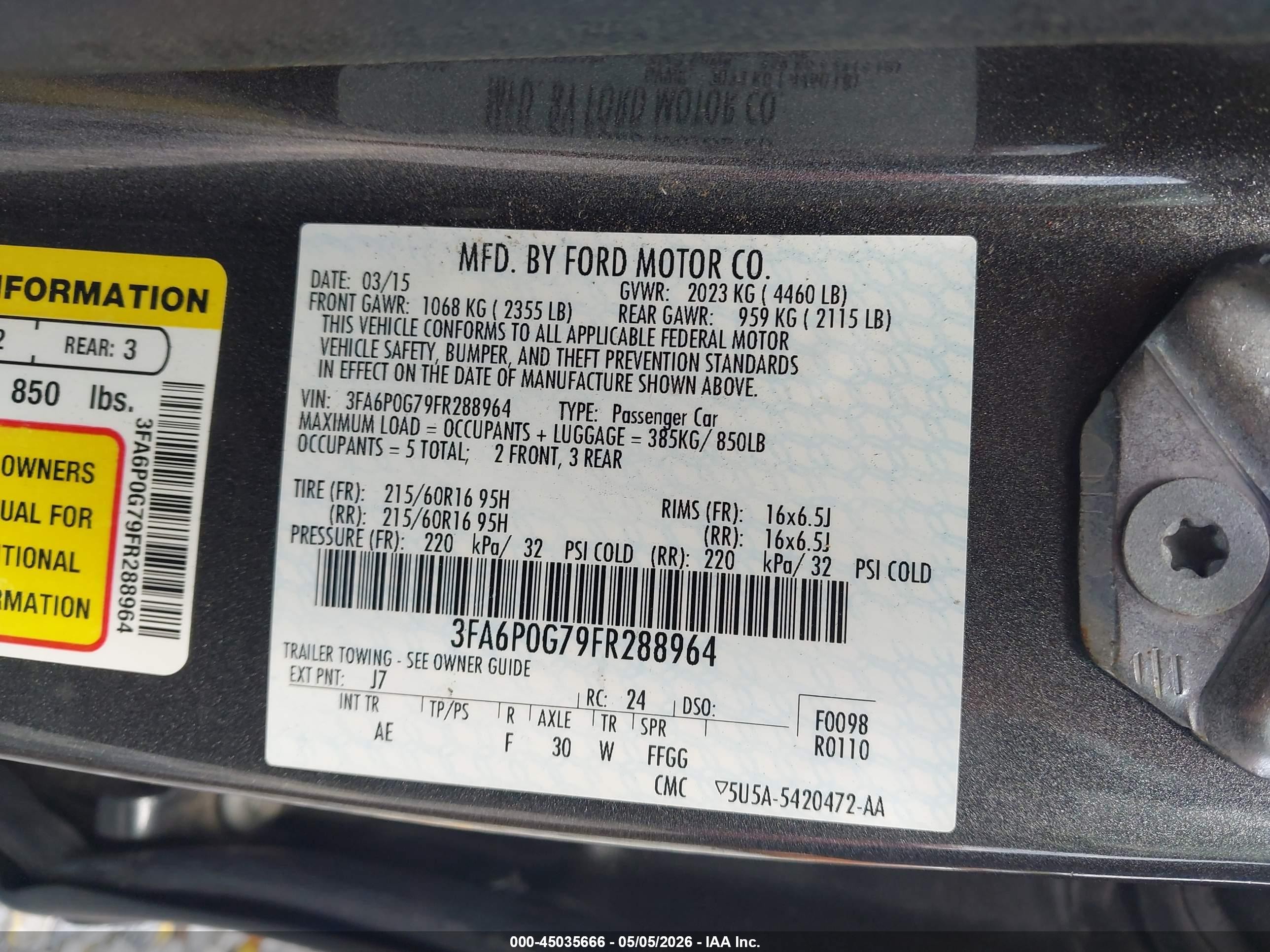 2015 Ford Fusion S Gray vin: 3FA6P0G79FR288964