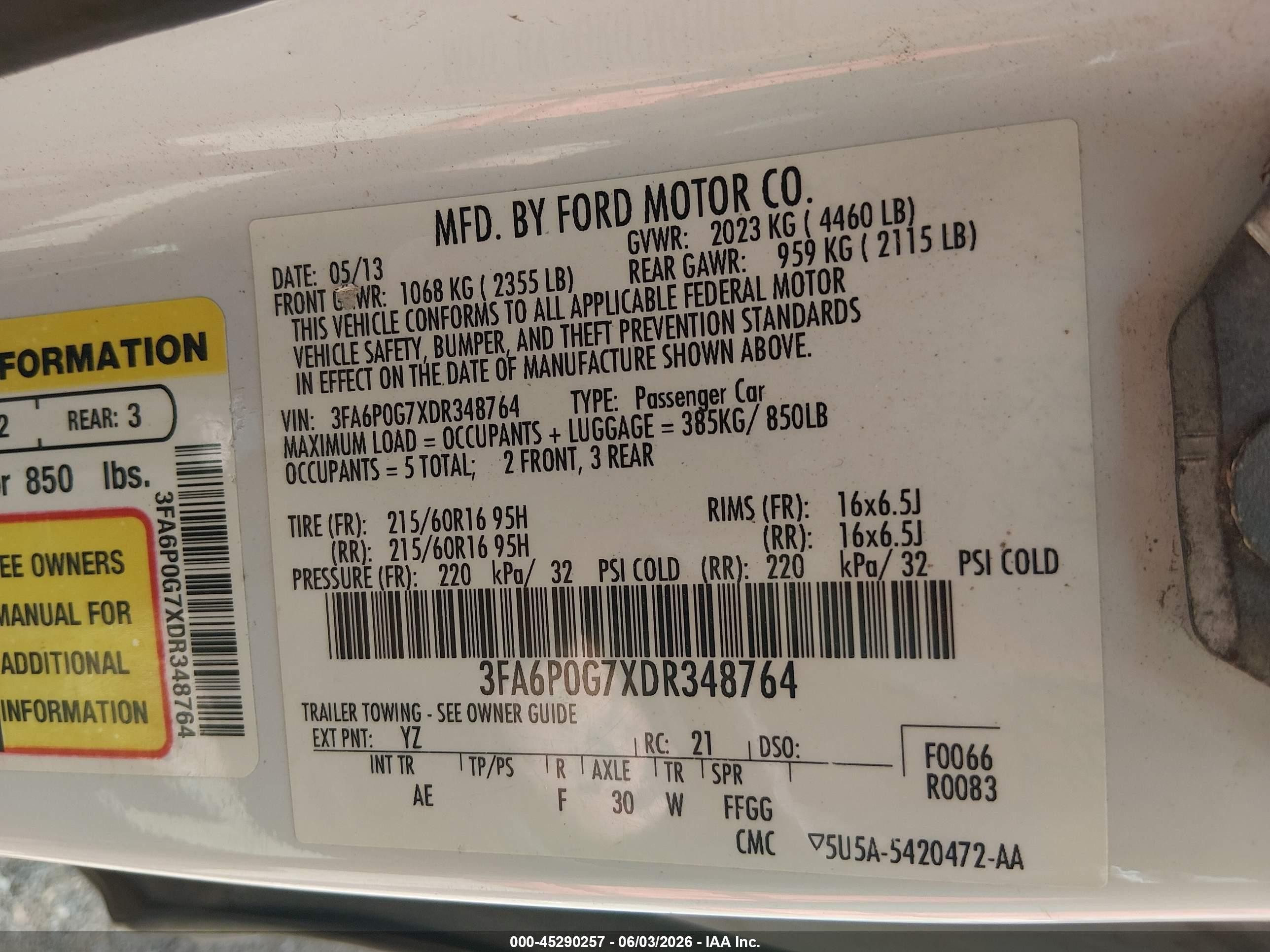 2013 Ford Fusion S White vin: 3FA6P0G7XDR348764
