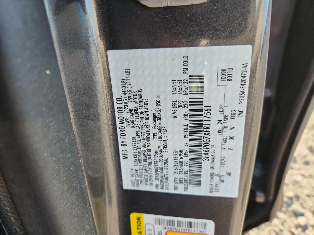 2015 Ford Fusion S Gray vin: 3FA6P0G7XFR117561
