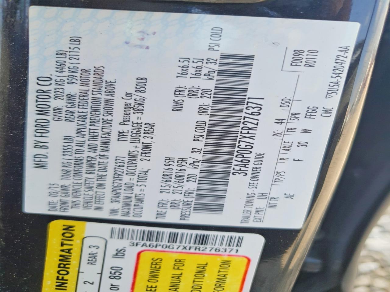 2015 Ford Fusion Black vin: 3FA6P0G7XFR276371