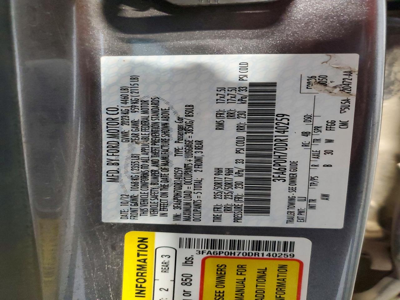 2013 Ford Fusion Se Charcoal vin: 3FA6P0H70DR140259