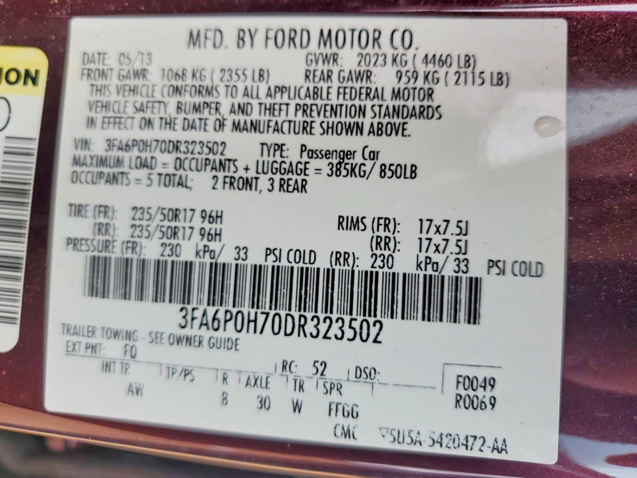2013 Ford Fusion Se Purple vin: 3FA6P0H70DR323502
