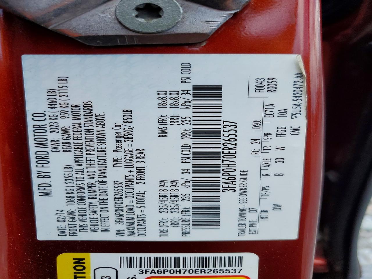 2014 Ford Fusion Se Maroon vin: 3FA6P0H70ER265537