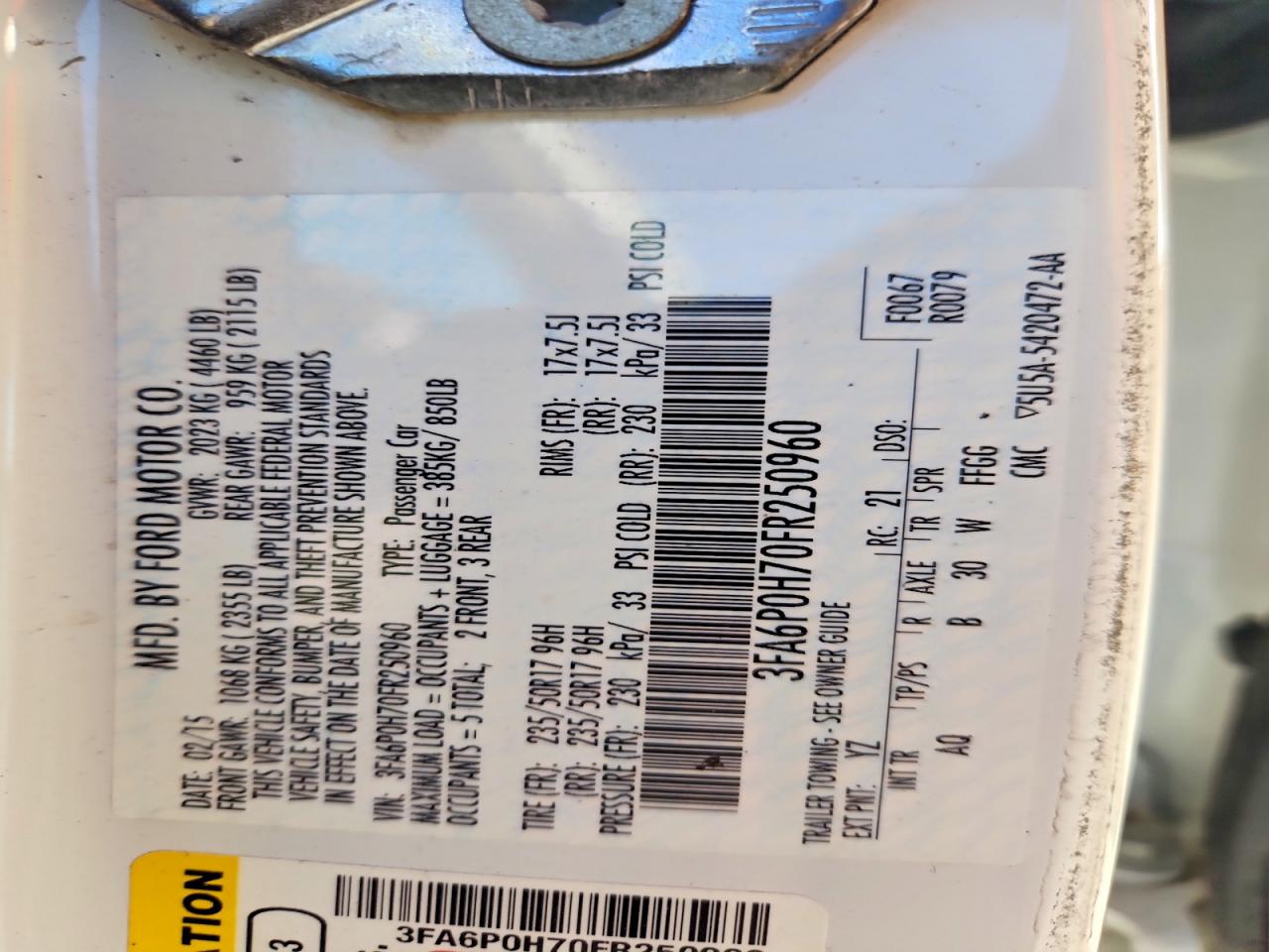 2015 Ford Fusion Se White vin: 3FA6P0H70FR250960