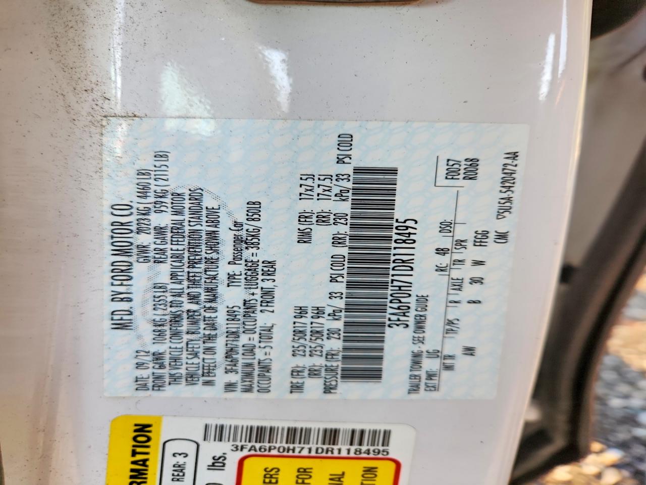 2013 Ford Fusion Se White vin: 3FA6P0H71DR118495