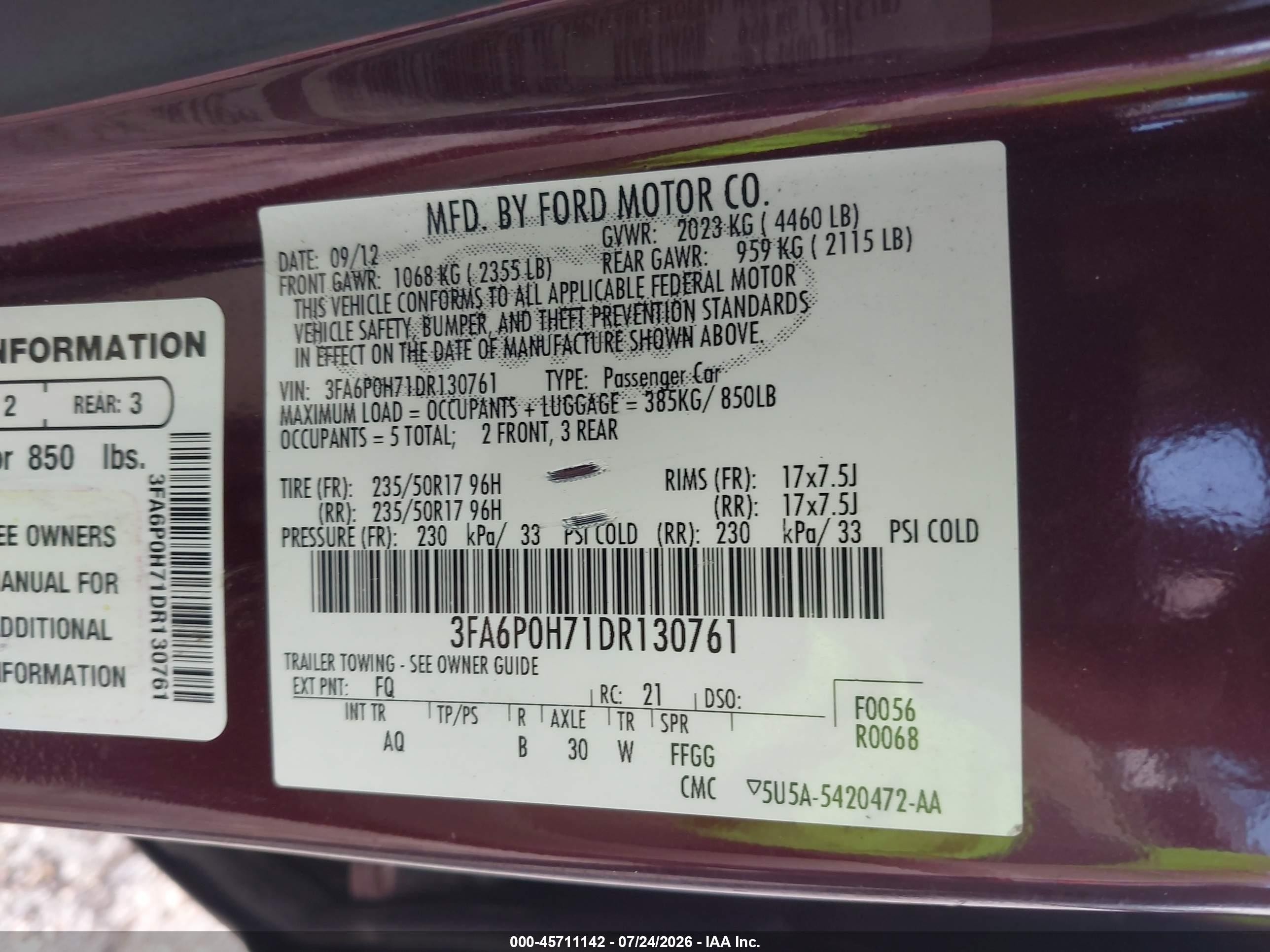 2013 Ford Fusion Se Purple vin: 3FA6P0H71DR130761