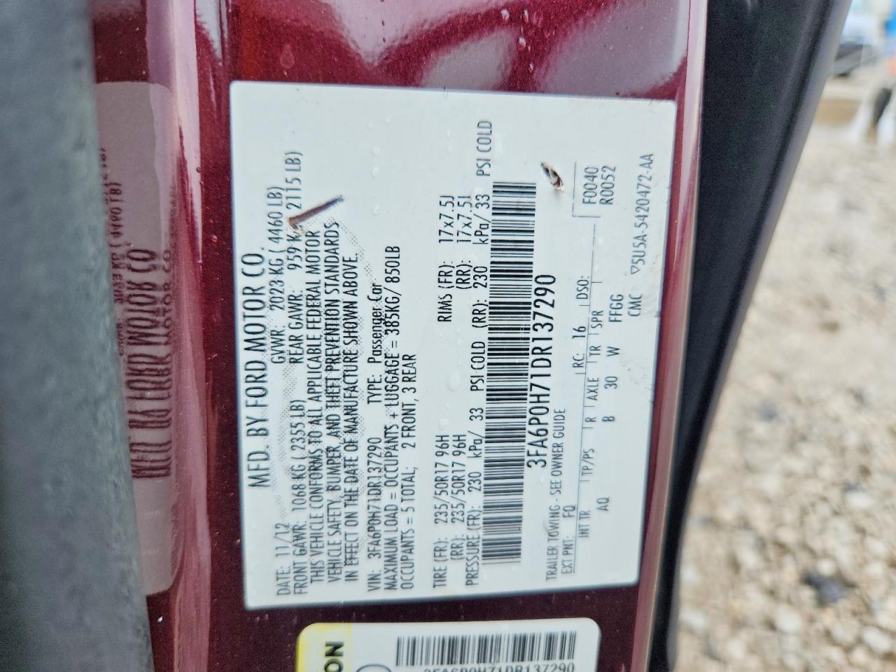 2013 Ford Fusion Se Maroon vin: 3FA6P0H71DR137290