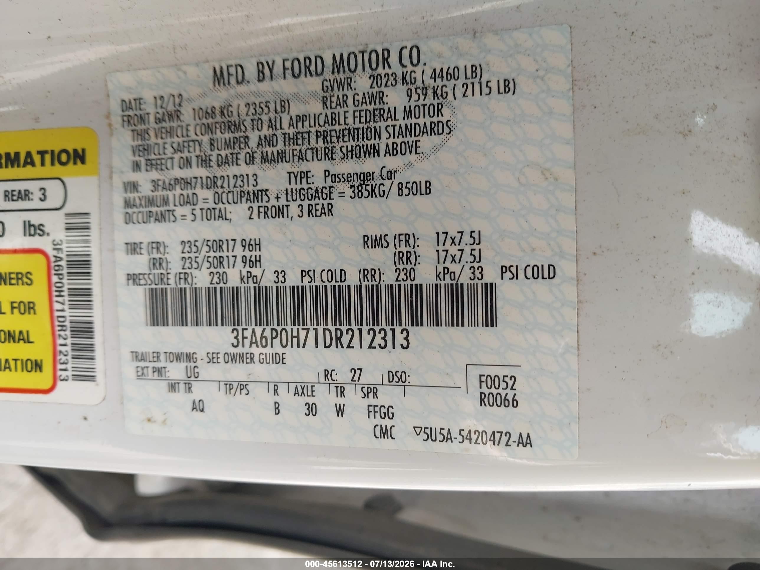 2013 Ford Fusion Se White vin: 3FA6P0H71DR212313
