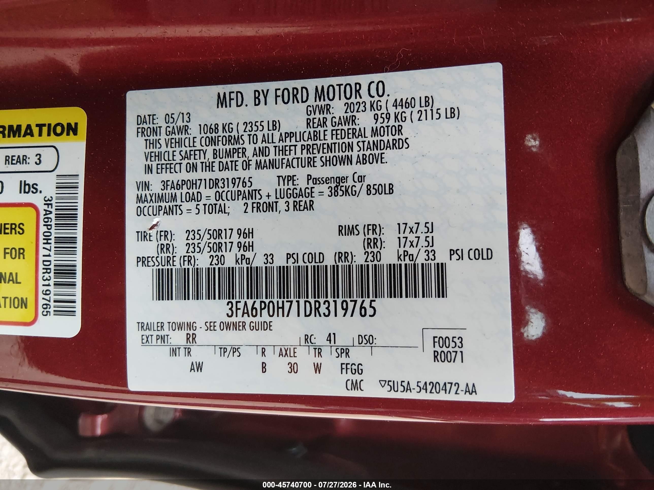 2013 Ford Fusion Se Burgundy vin: 3FA6P0H71DR319765