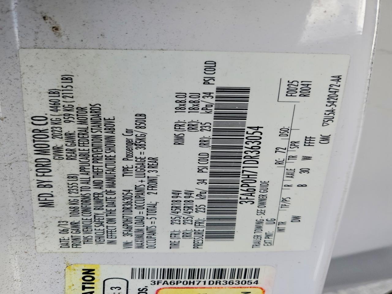 2013 Ford Fusion Se White vin: 3FA6P0H71DR363054