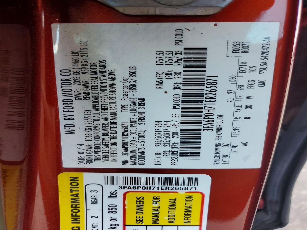 2014 Ford Fusion Se Burgundy vin: 3FA6P0H71ER265871