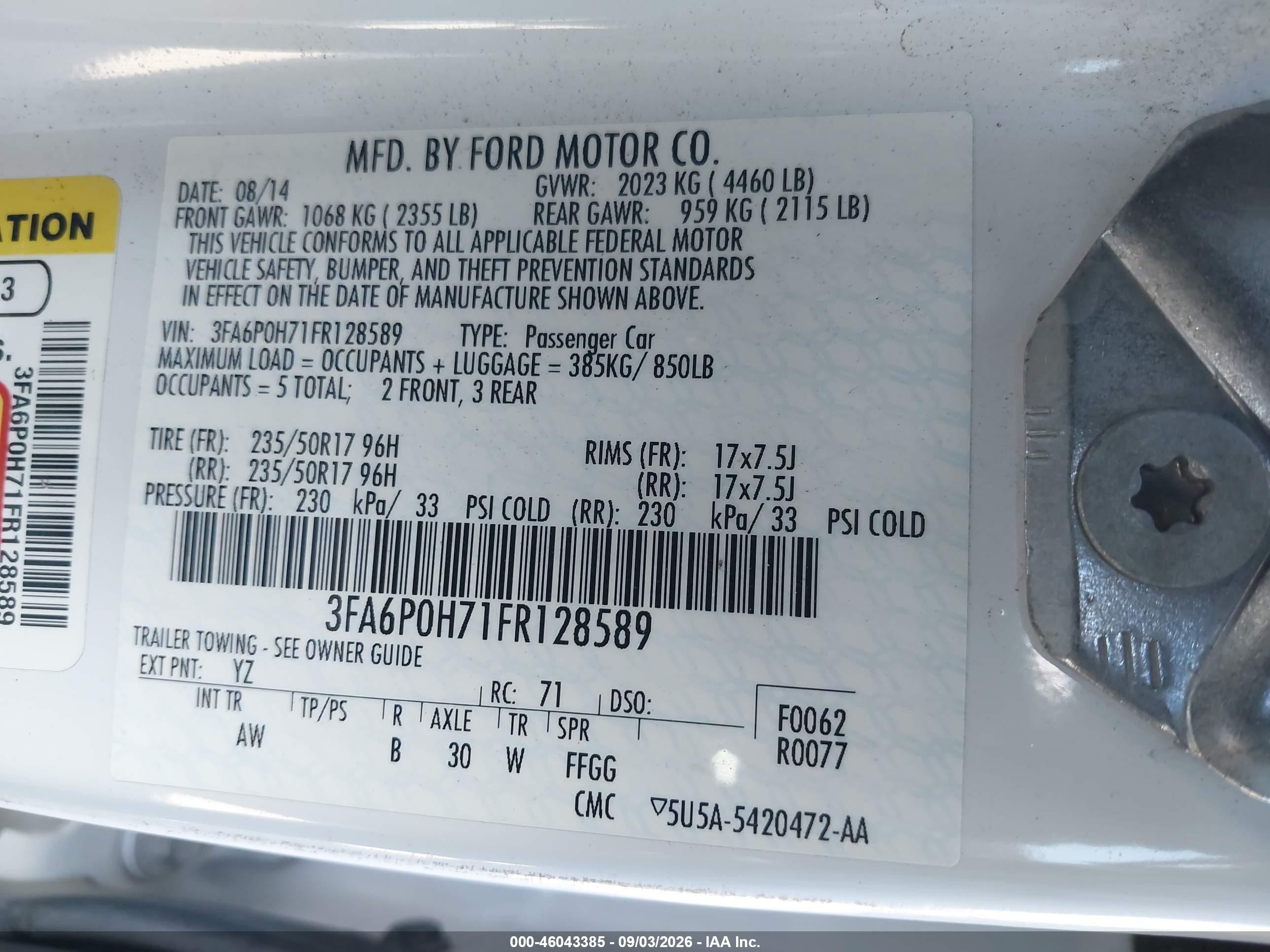 2015 Ford Fusion Se White vin: 3FA6P0H71FR128589