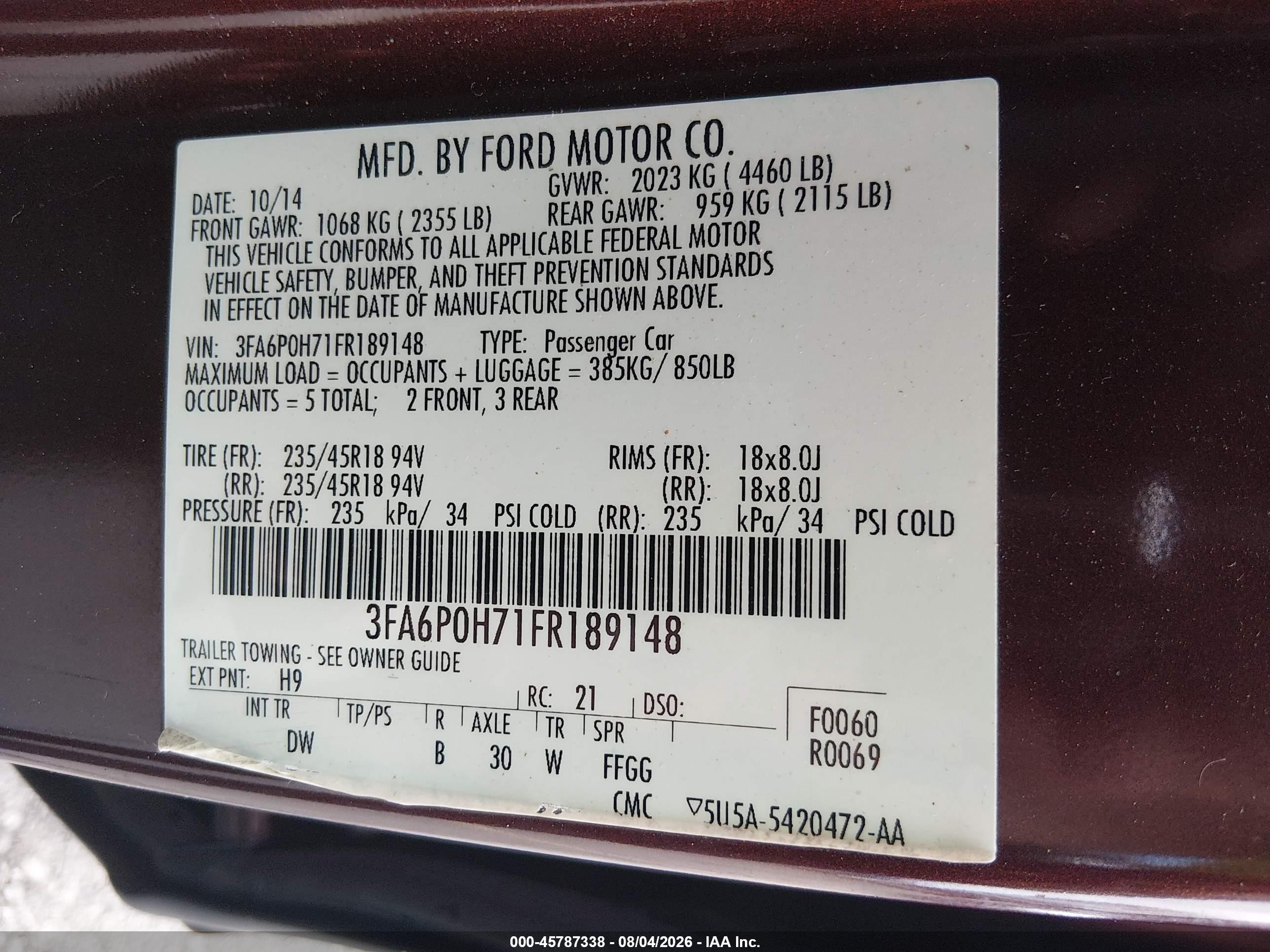 2015 Ford Fusion Se Burgundy vin: 3FA6P0H71FR189148