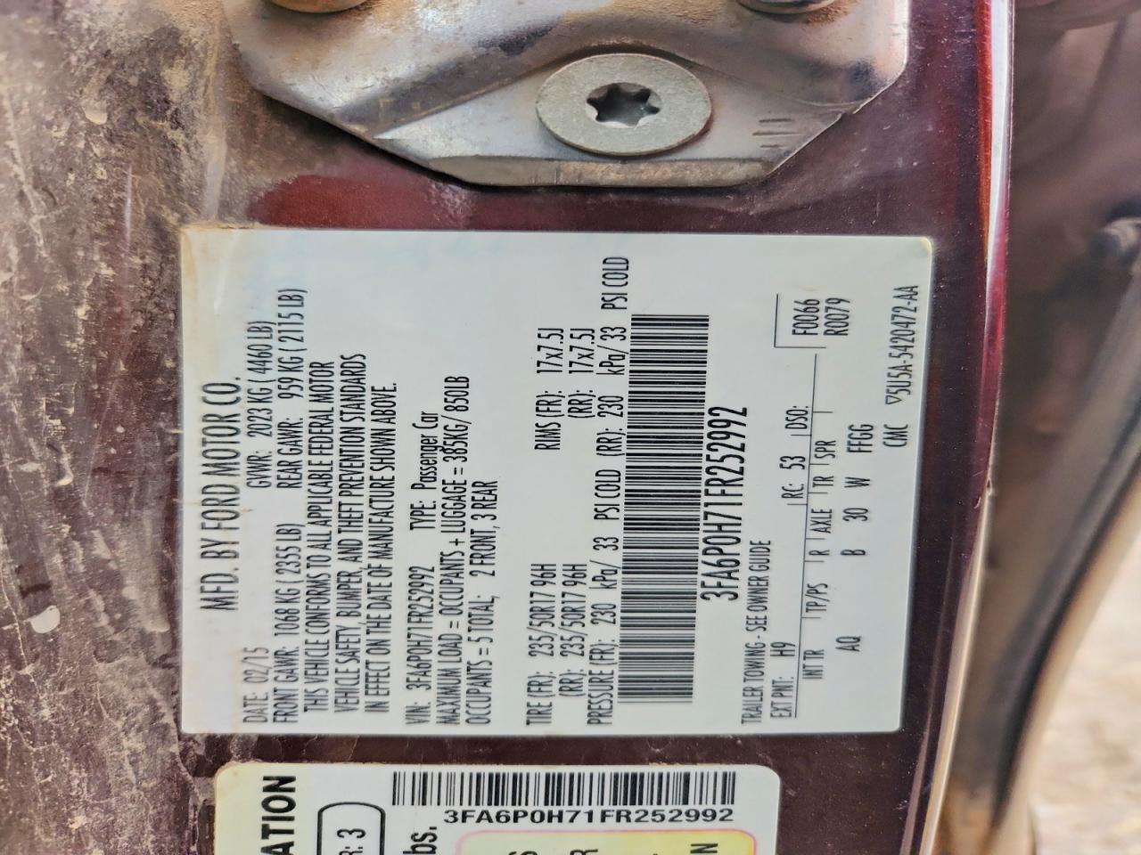 2015 Ford Fusion Se Burgundy vin: 3FA6P0H71FR252992