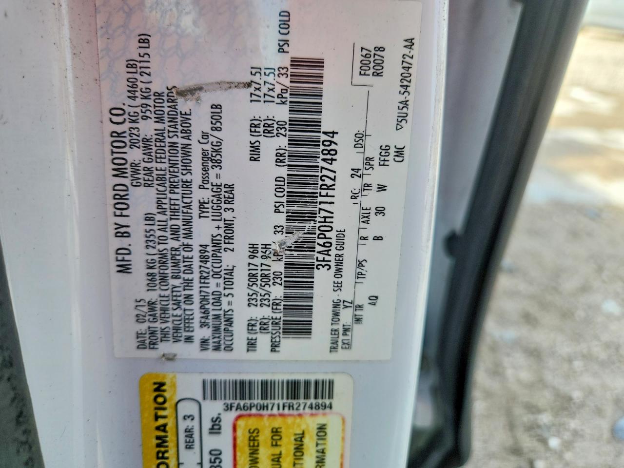 2015 Ford Fusion Se White vin: 3FA6P0H71FR274894