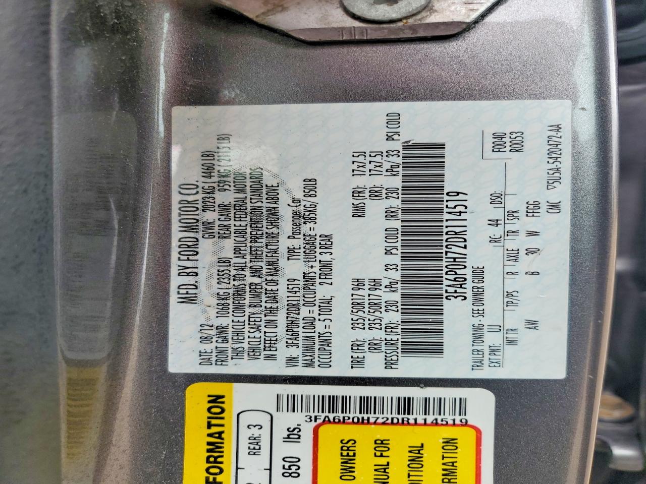 2013 Ford Fusion Se Charcoal vin: 3FA6P0H72DR114519