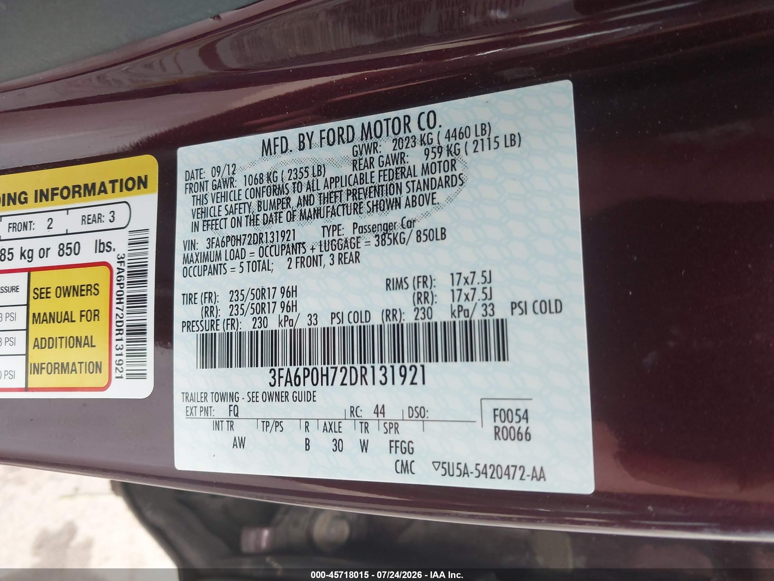 2013 Ford Fusion Se Maroon vin: 3FA6P0H72DR131921