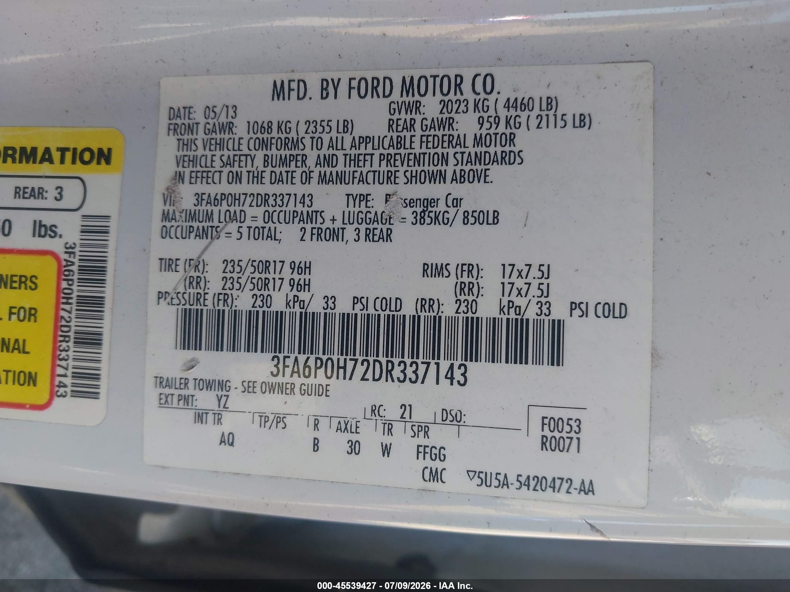 2013 Ford Fusion Se White vin: 3FA6P0H72DR337143
