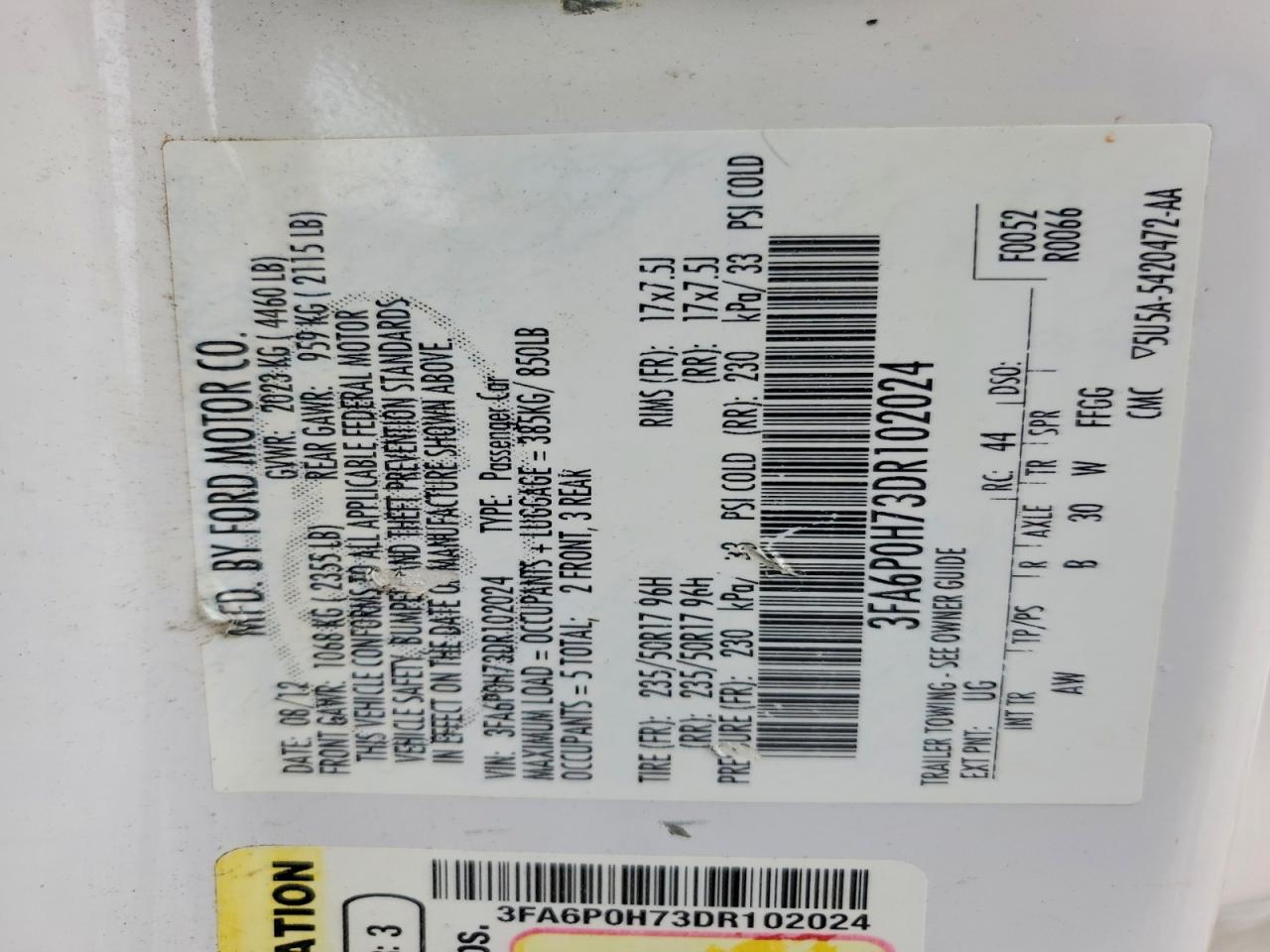 2013 Ford Fusion Se White vin: 3FA6P0H73DR102024
