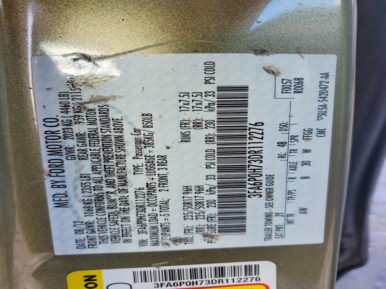 2013 Ford Fusion Se Green vin: 3FA6P0H73DR112276