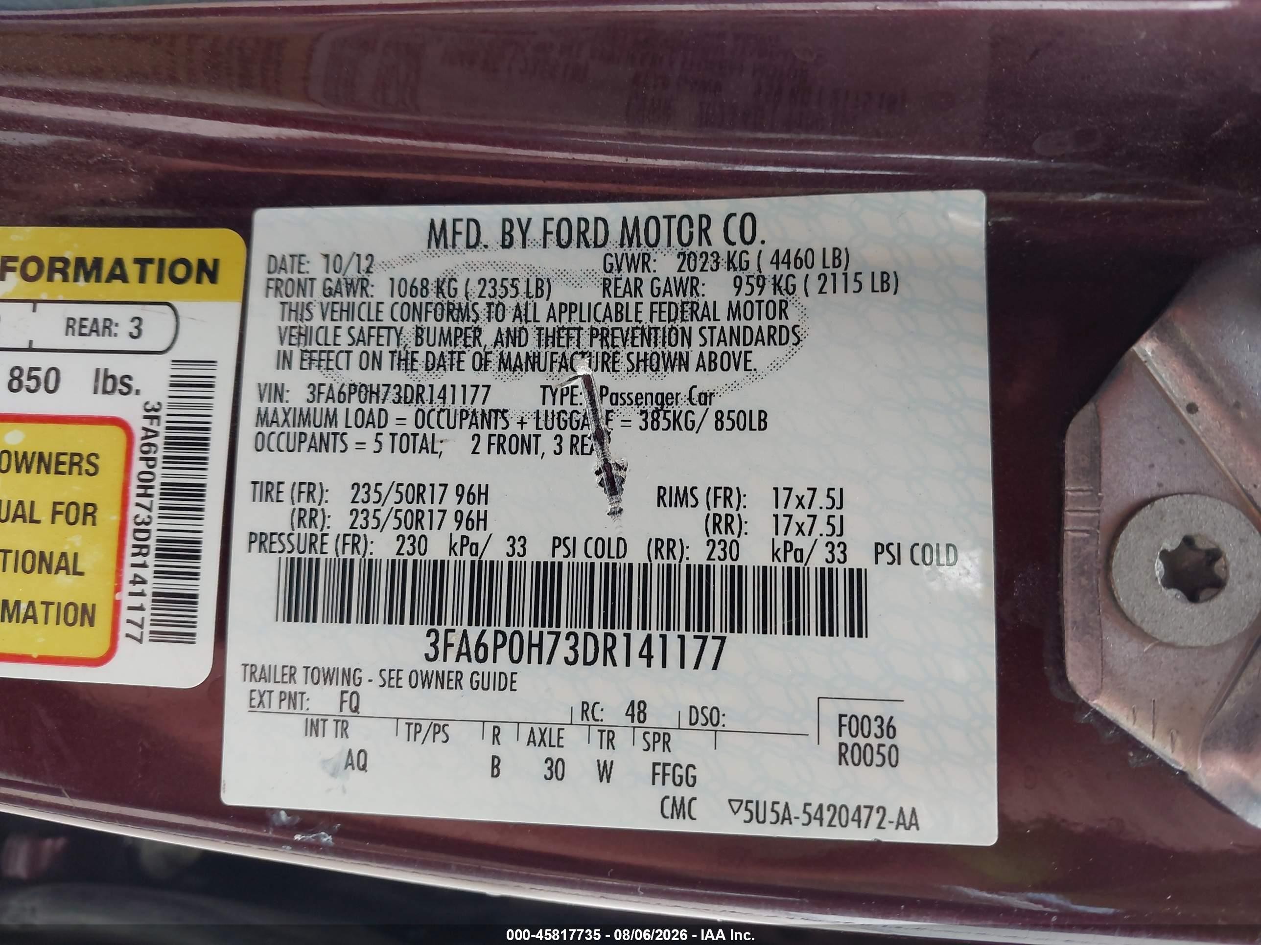 2013 Ford Fusion Se Maroon vin: 3FA6P0H73DR141177
