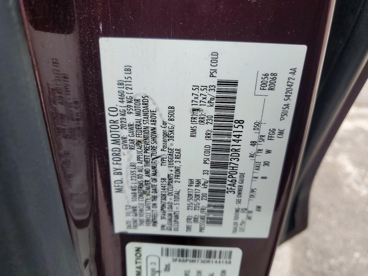 2013 Ford Fusion Se Burgundy vin: 3FA6P0H73DR144158