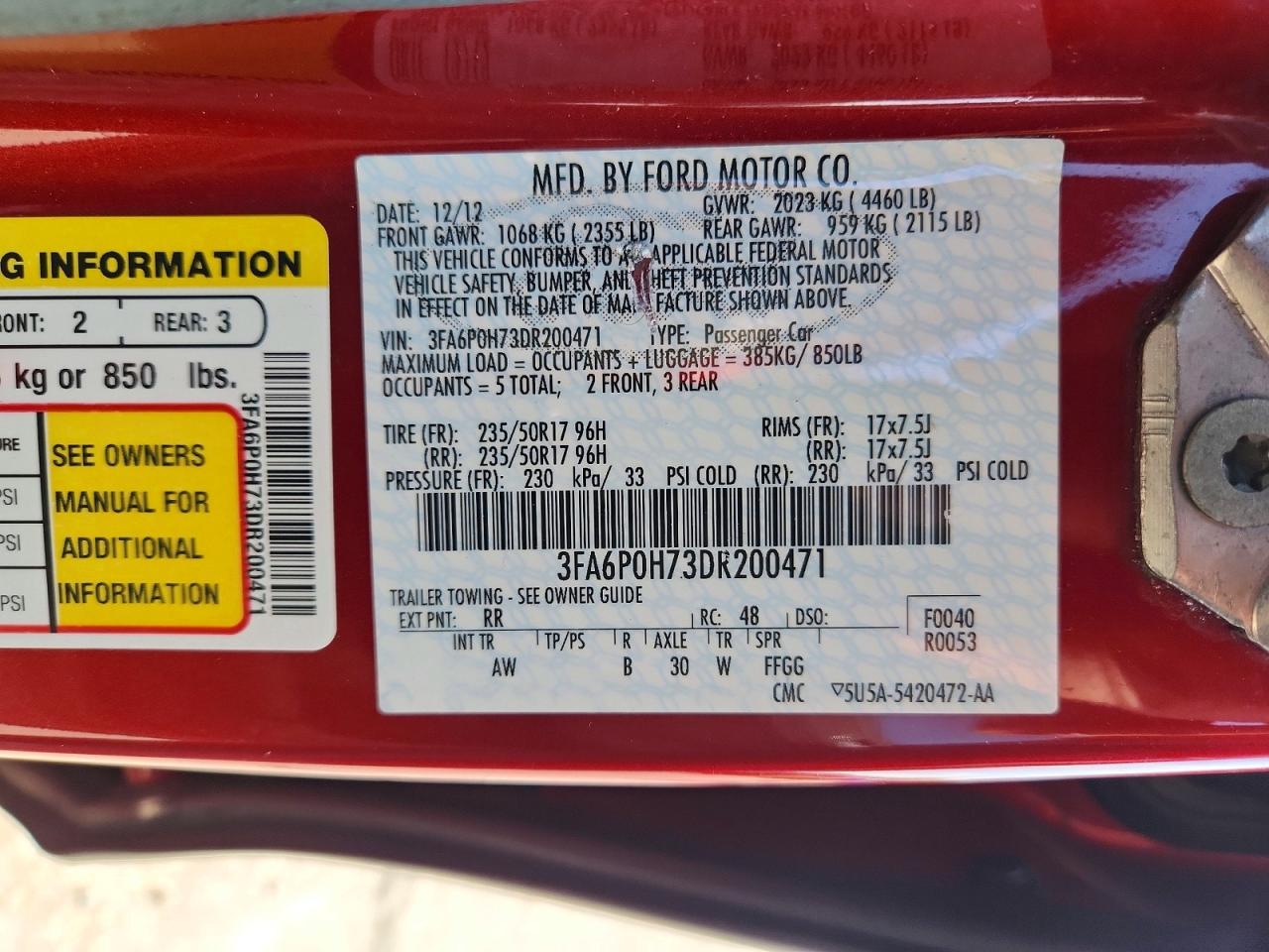 2013 Ford Fusion Se Red vin: 3FA6P0H73DR200471