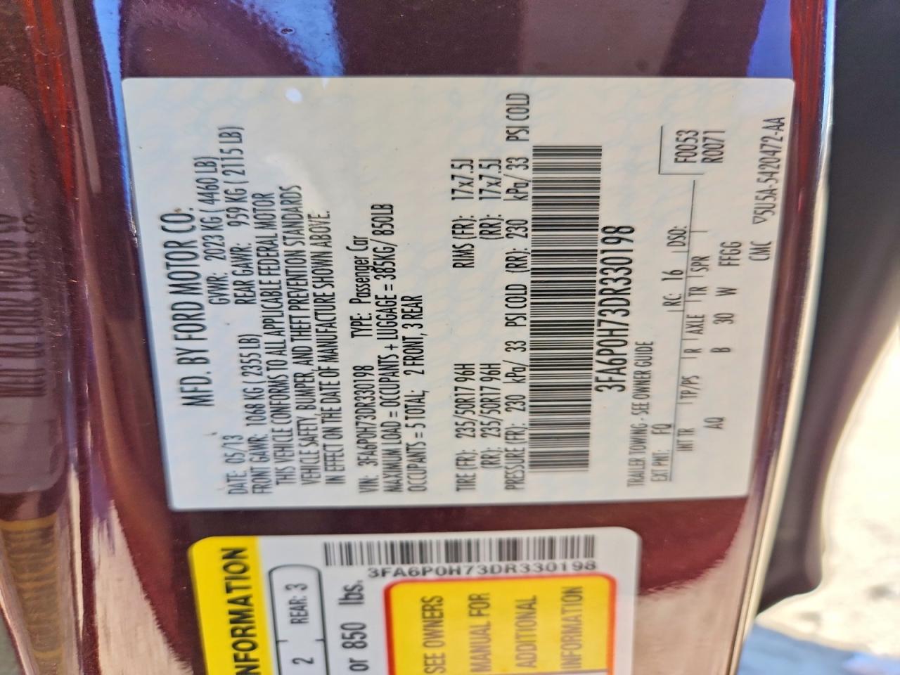 2013 Ford Fusion Se Burgundy vin: 3FA6P0H73DR330198
