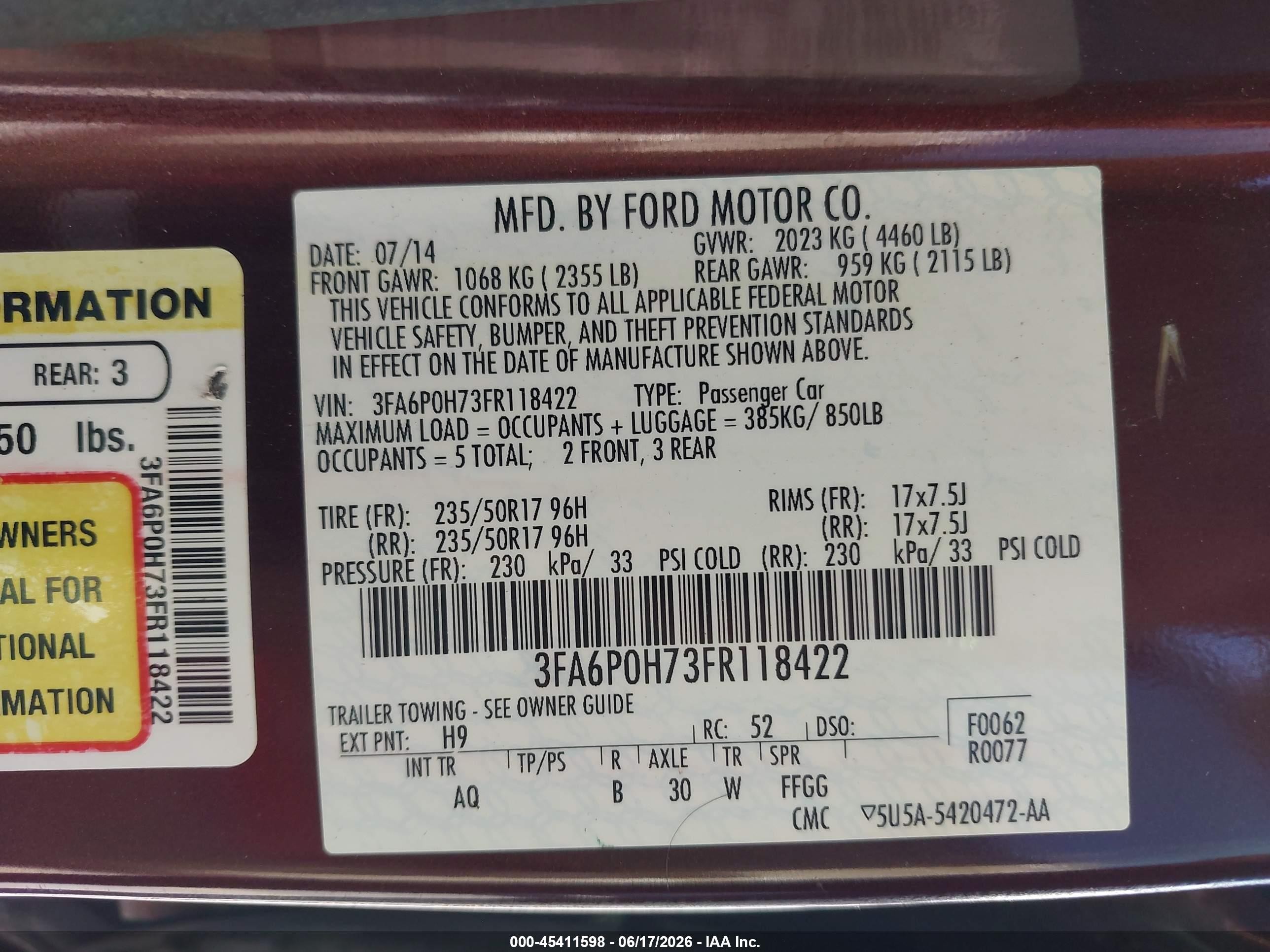 2015 Ford Fusion Se Maroon vin: 3FA6P0H73FR118422